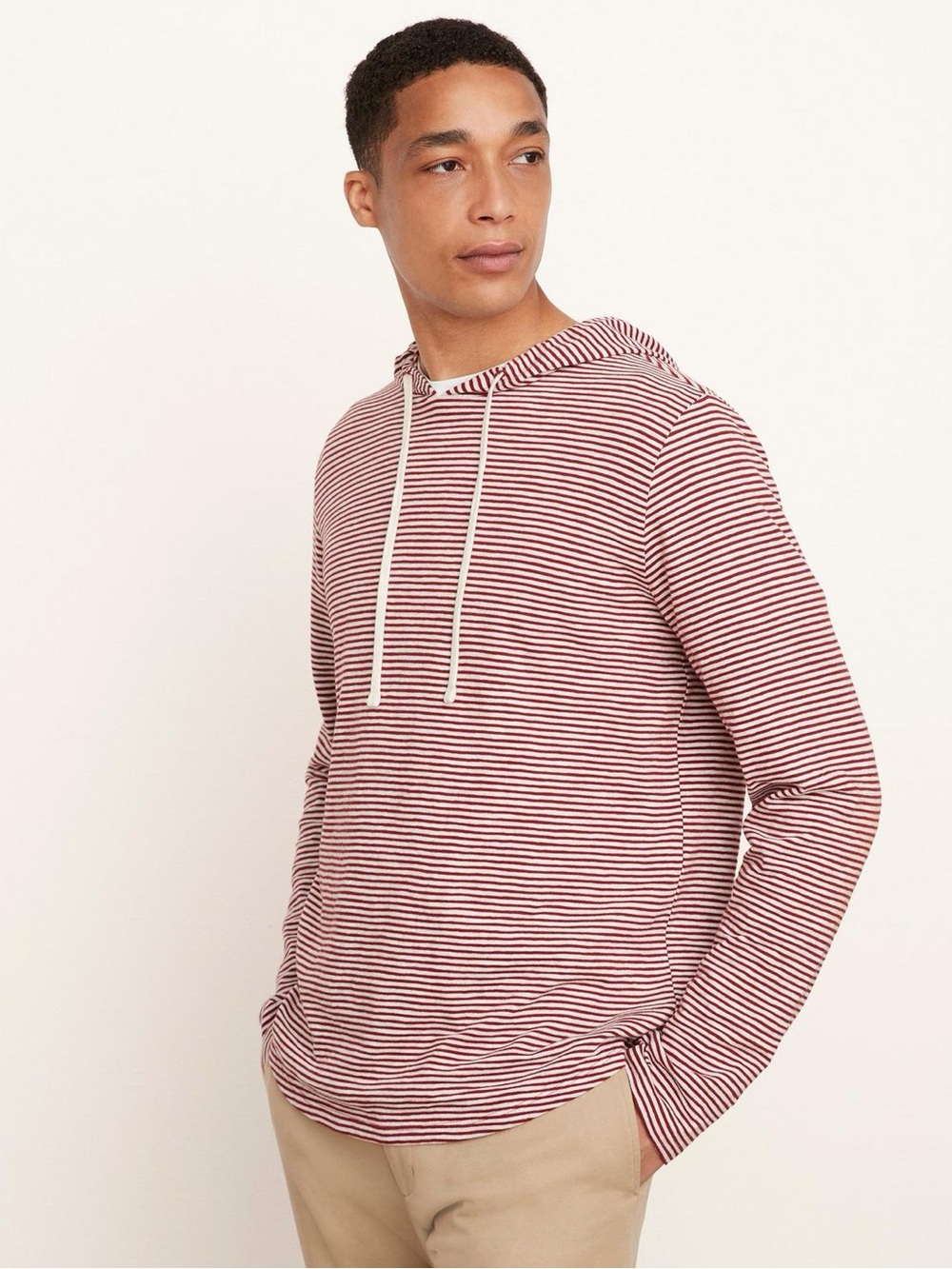 Vince. Slub Stripe Popover Hoodie. Maroon/White. Size Large.